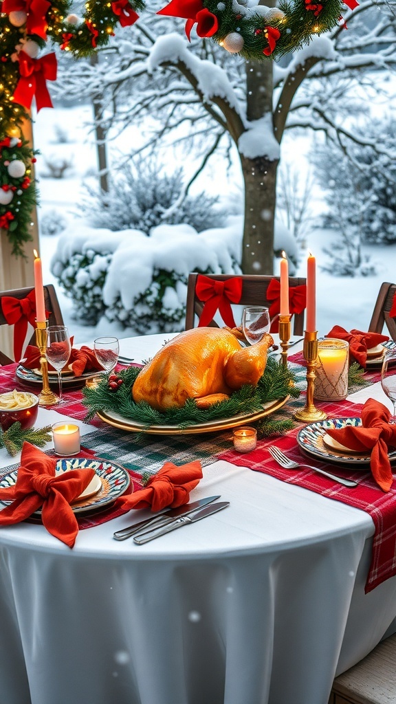 Outdoor Christmas dinner table with roasted turkey and festive decorations in a snowy setting.